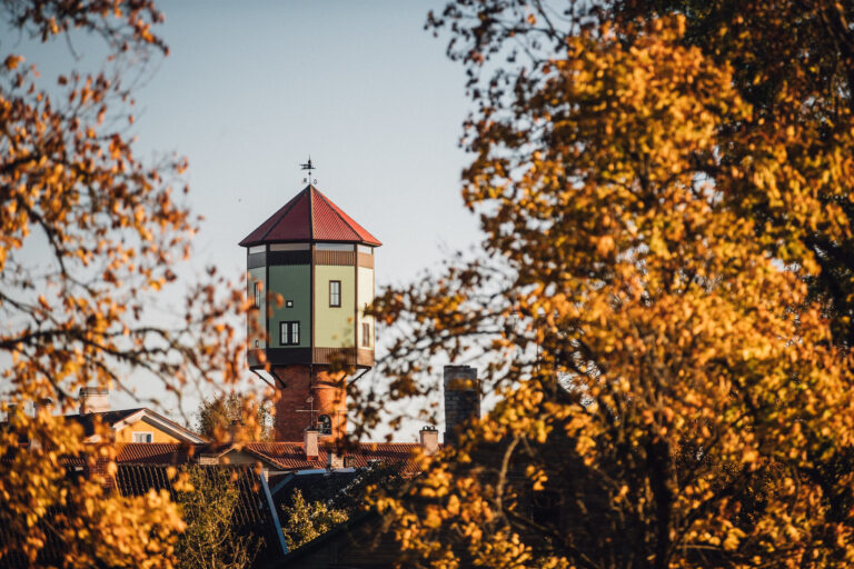 Viljandi vana veetorn läbi värviliste sügislehtede (Siim Verner Teder).